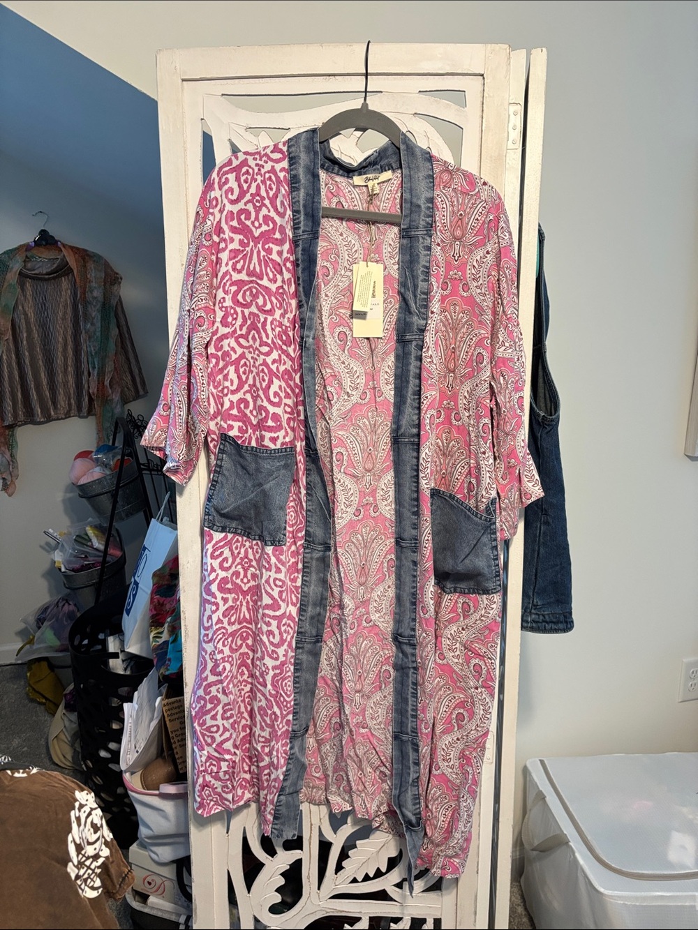 Women's Pink Paisley Kimono Jacket with Denim Trim